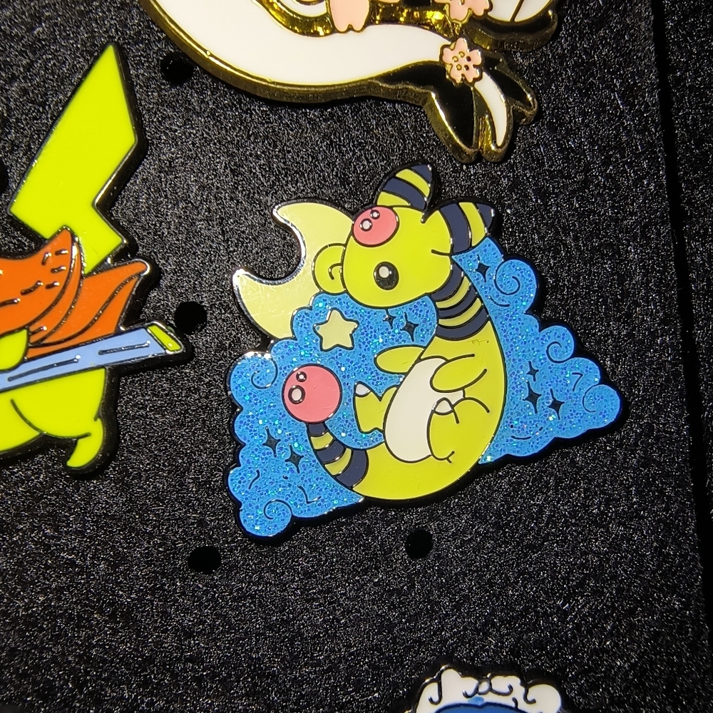 Pokemon Yellow Ampharos Pin with Blue Glitter Cloud and Pink Accents